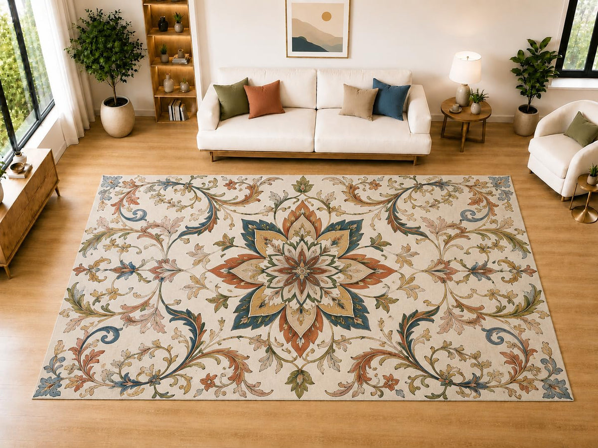 ICE ARMOR "Ultra Light Weight Large 6'7" x 9'10" Botanical Lotus Scroll Area Rug for Living Room, Bedroom, Dining Room, Soft Low Pile Non-Slip Backing, Teal Rust Olive