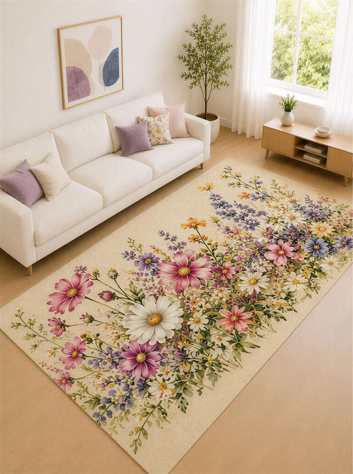ICE ARMOR "Ultra Lightweight Large 6'7" x 9'10" Pink and Purple Daisy Meadow Garden Area Rug for Living Room, Bedroom and Home Office, Soft Low Pile Carpet with Non-Slip Silicone Backing