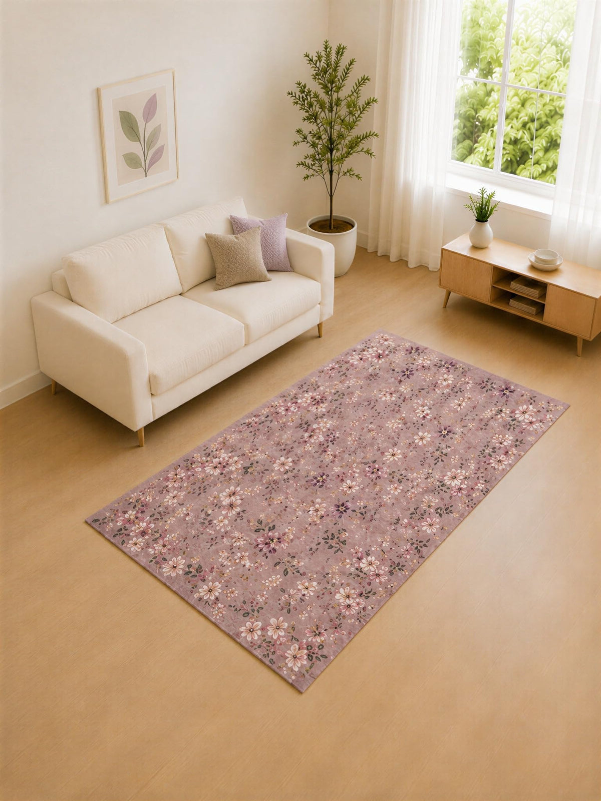ICE ARMOR "Ultra Lightweight 5' x 7' Lavender and Pink Daisy Field Area Rug for Living Room, Bedroom and Home Office, Soft Low Pile Carpet with Non-Slip Silicone Backing