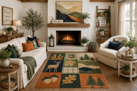 ICE ARMOR "Ultra Light Weight 5' x 7' Rustic Deer Patchwork Area Rug, Autumn Oak Leaves Pine Forest Design for Living Room Cabin Bedroom, Non-Slip Silicone Backing Low Pile