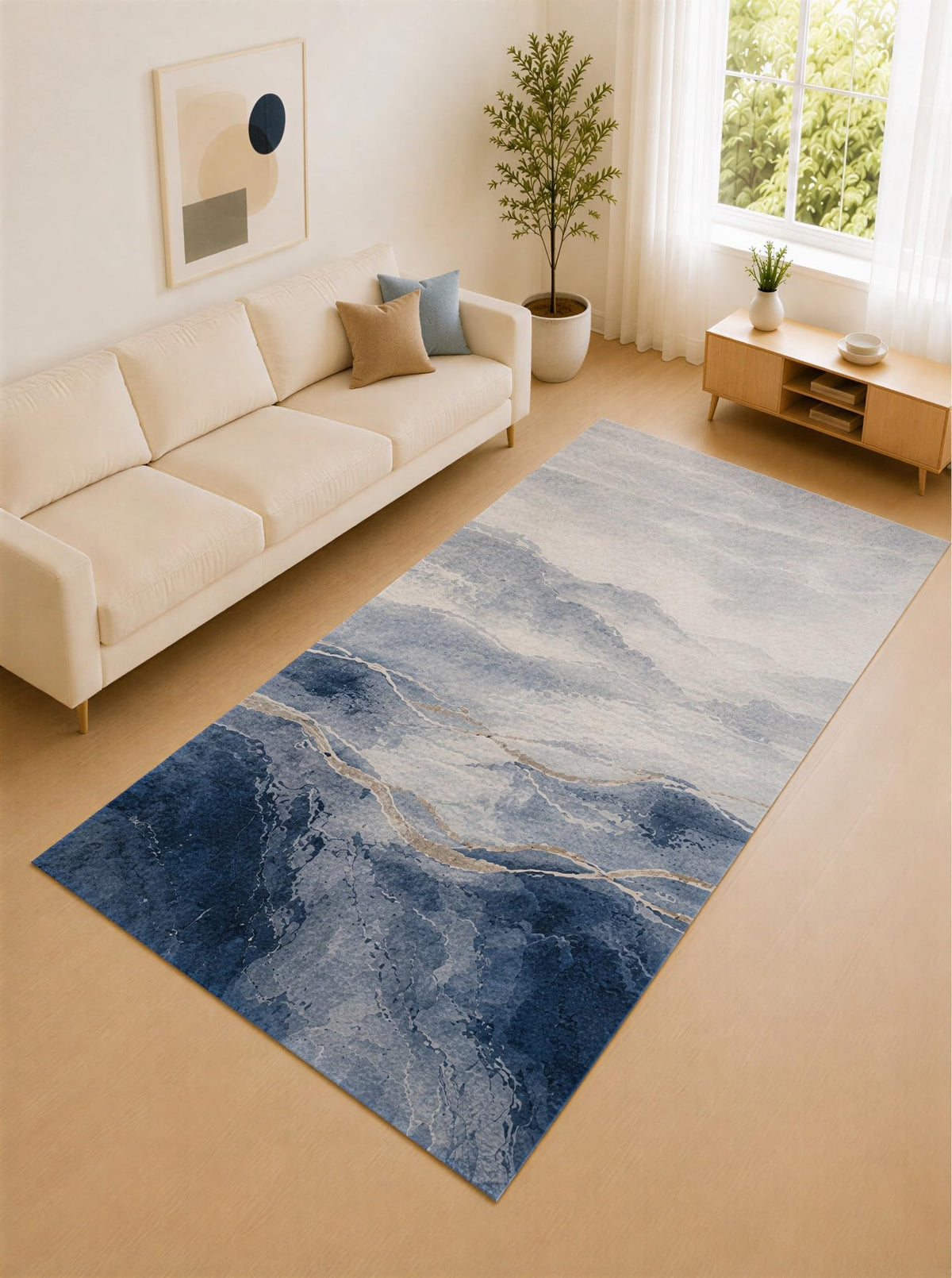 ICE ARMOR Large 6'7" x 9'10" Blue Gray and Ivory Marble Layers Area Rug for Living Room, Soft Low Pile Carpet with Non-Slip Silicone Backing, Decor for Bedroom and Home Office