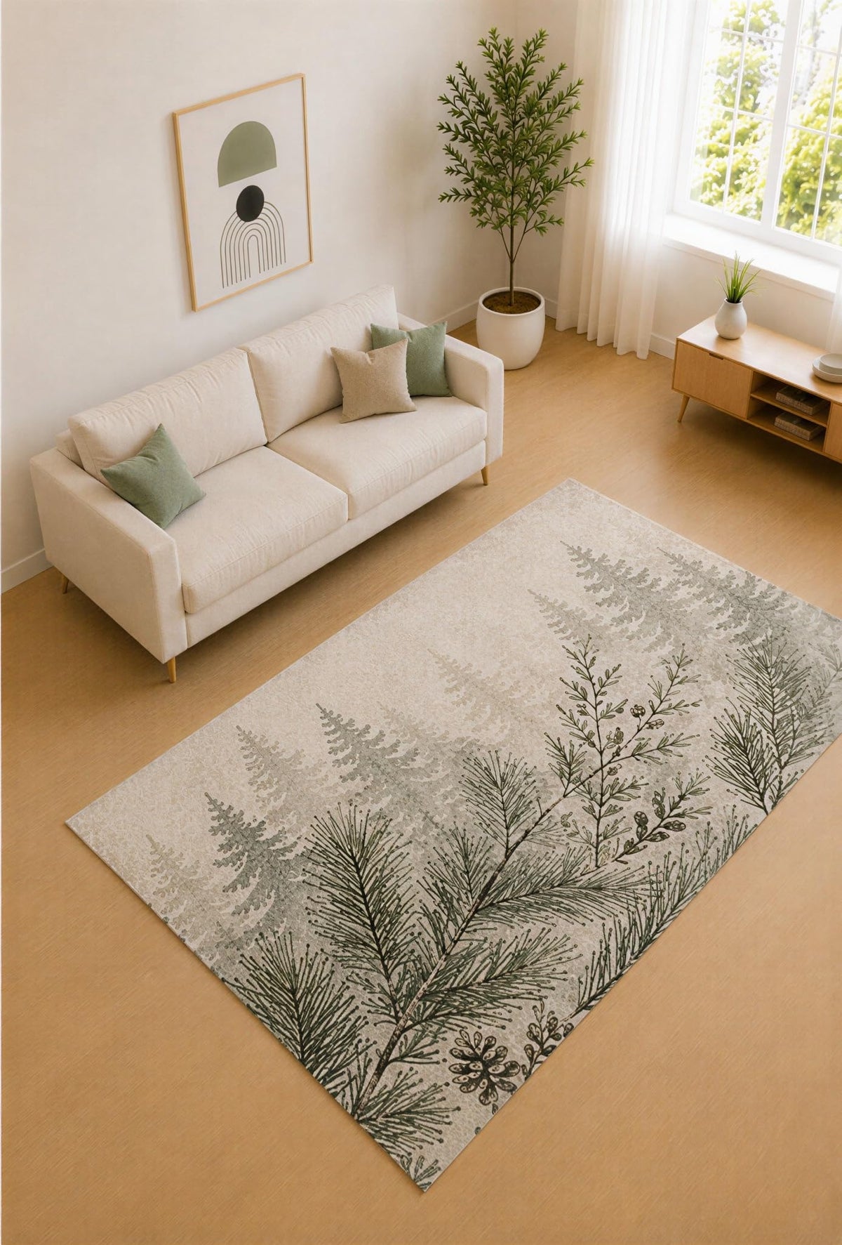 ICE ARMOR 5' x 7' Olive Green and Ivory Woodland Ferns Area Rug for Living Room, Soft Low Pile Carpet with Non-Slip Silicone Backing, Decor for Bedroom and Home Office