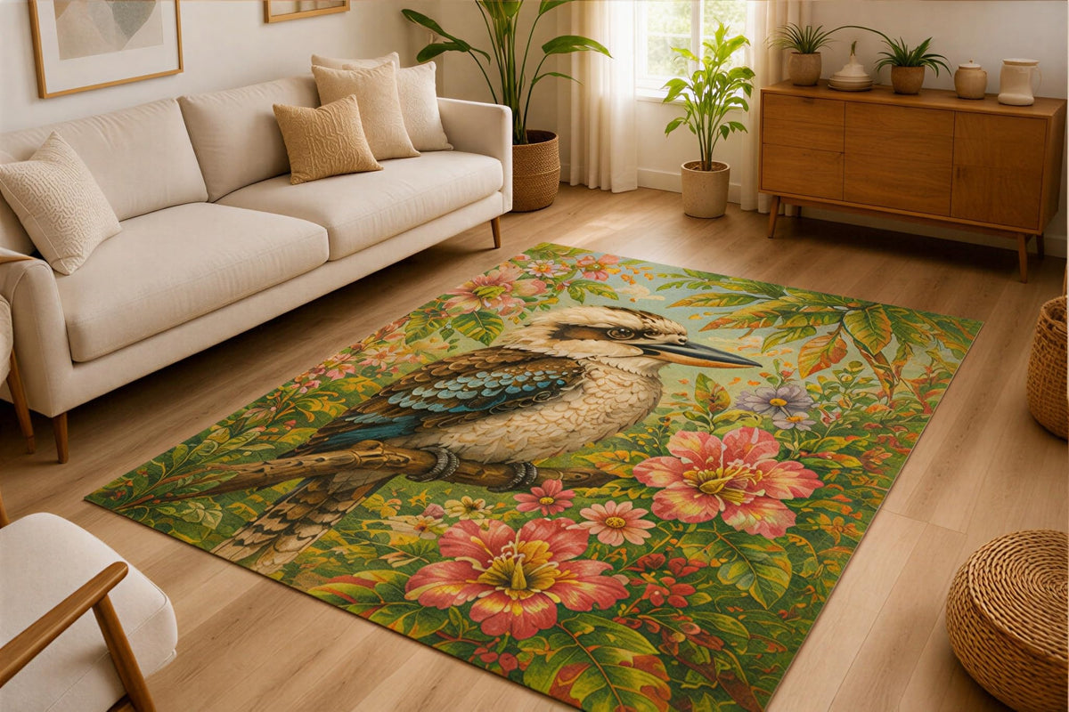 ICE ARMOR 5' x 7' Kookaburra Flower Garden Area Rug Soft Low Pile Indoor Rug with Non Slip Silicone Backing Bird Nature Decor Carpet for Living Room Bedroom Dining Room Family Room Green