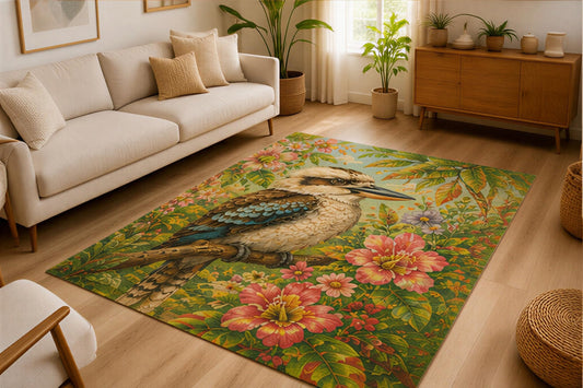 ICE ARMOR 5' x 7' Kookaburra Flower Garden Area Rug Soft Low Pile Indoor Rug with Non Slip Silicone Backing Bird Nature Decor Carpet for Living Room Bedroom Dining Room Family Room Green