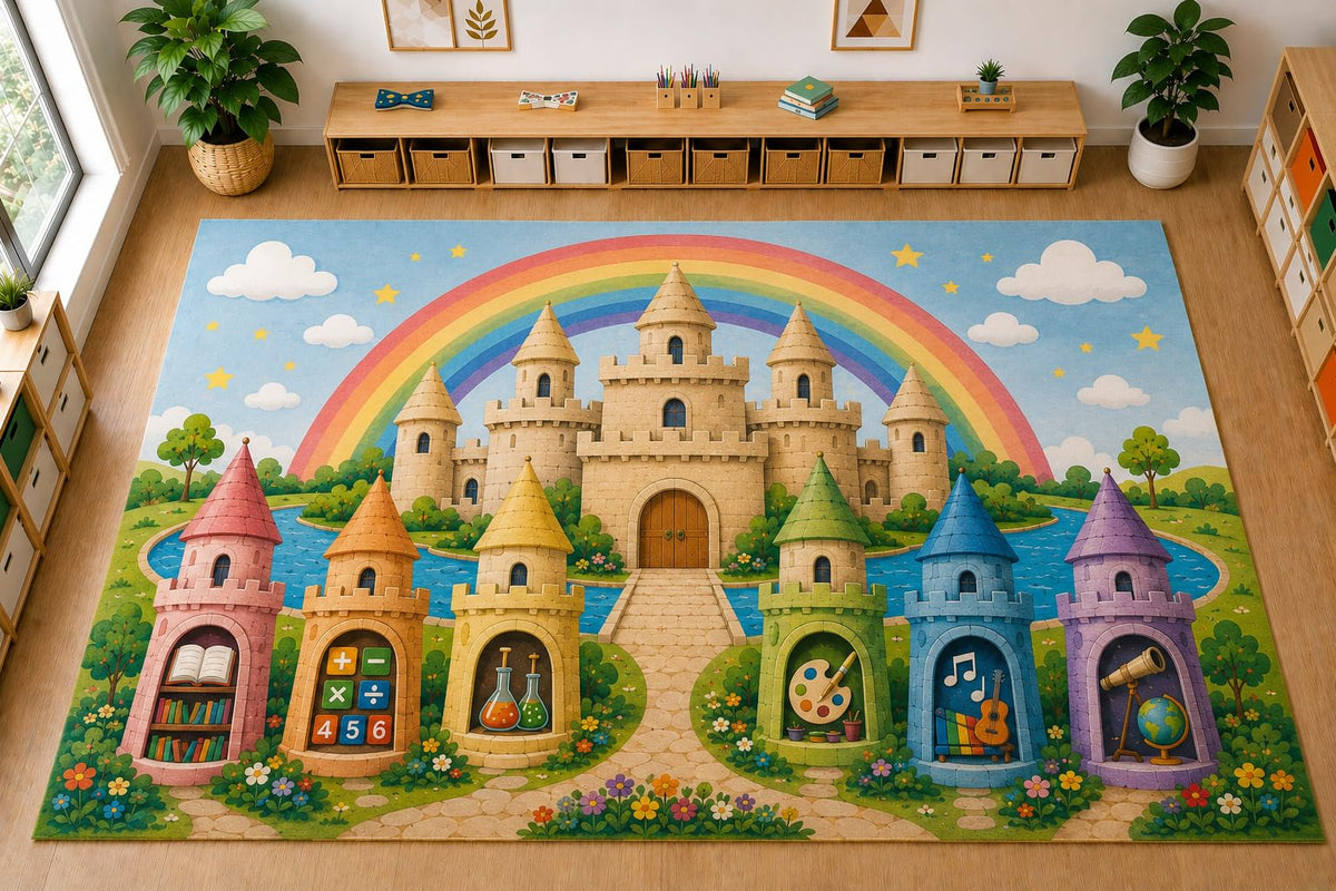 ICE ARMOR Large 6'7" x 9'10" Rainbow Learning Castle Area Rug, Soft Low Pile Indoor Rug with Non-Slip Silicone Backing for Kids Room Playroom, Blue