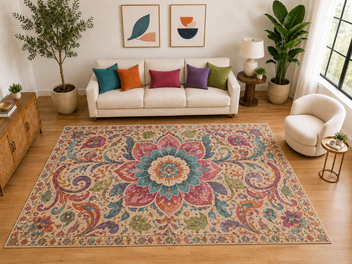 ICE ARMOR "Ultra Light Weight Large 6'7" x 9'10" Boho Floral Medallion Rug, Soft Low Pile Indoor Rug, Non-Slip Silicone Backing for Living Room Beige