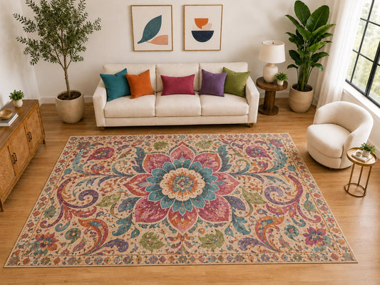 ICE ARMOR "Ultra Light Weight Large 6'7" x 9'10" Boho Floral Medallion Rug, Soft Low Pile Indoor Rug, Non-Slip Silicone Backing for Living Room Beige