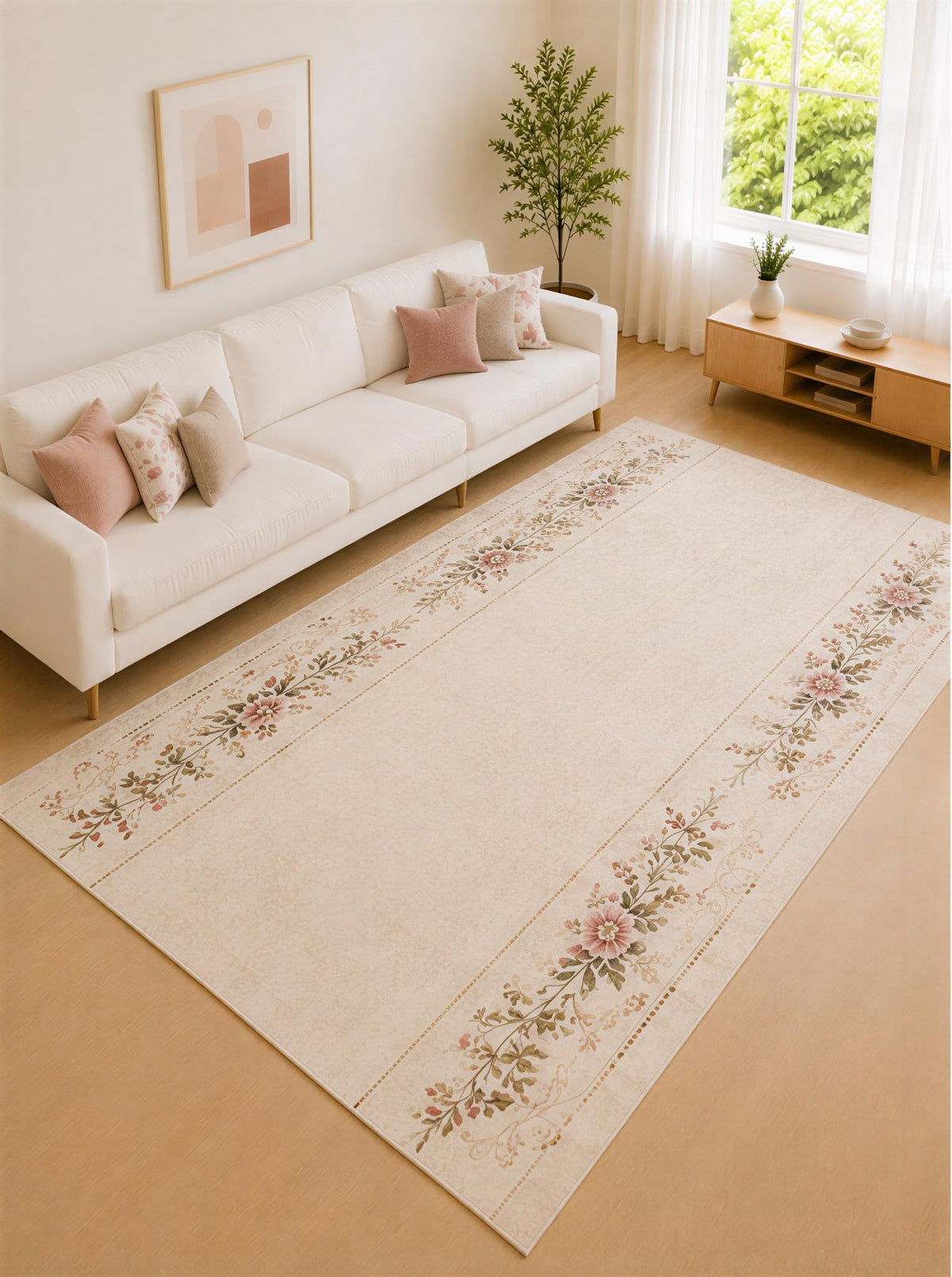 ICE ARMOR "Ultra Lightweight Large 6'7" x 9'10" Beige and Pink Botanical Border Area Rug for Living Room, Bedroom and Home Office, Soft Low Pile Carpet with Non-Slip Silicone Backing