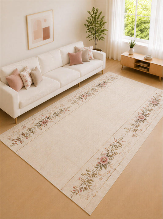 ICE ARMOR "Ultra Lightweight Large 6'7" x 9'10" Beige and Pink Botanical Border Area Rug for Living Room, Bedroom and Home Office, Soft Low Pile Carpet with Non-Slip Silicone Backing