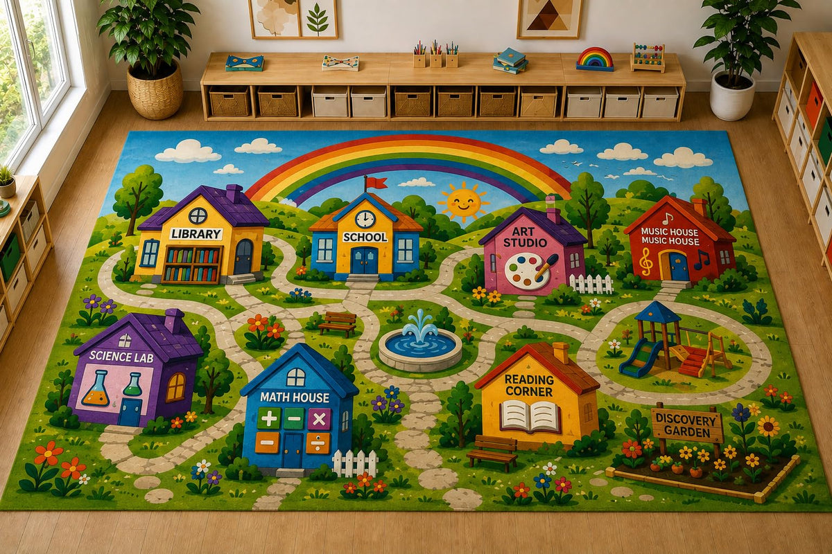 ICE ARMOR Large 6'7" x 9'10" Rainbow Learning Village Area Rug, Soft Low Pile Indoor Rug with Non-Slip Silicone Backing for Kids Room Playroom, Green