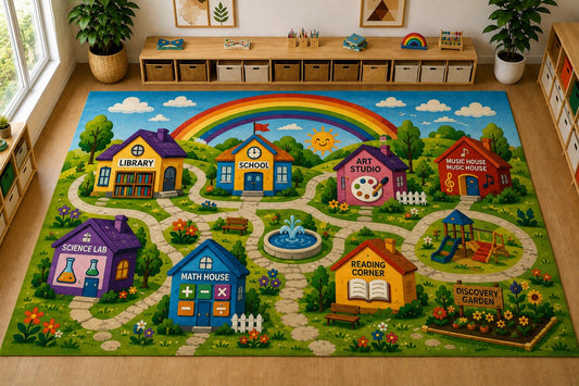 ICE ARMOR Large 6'7" x 9'10" Rainbow Learning Village Area Rug, Soft Low Pile Indoor Rug with Non-Slip Silicone Backing for Kids Room Playroom, Green