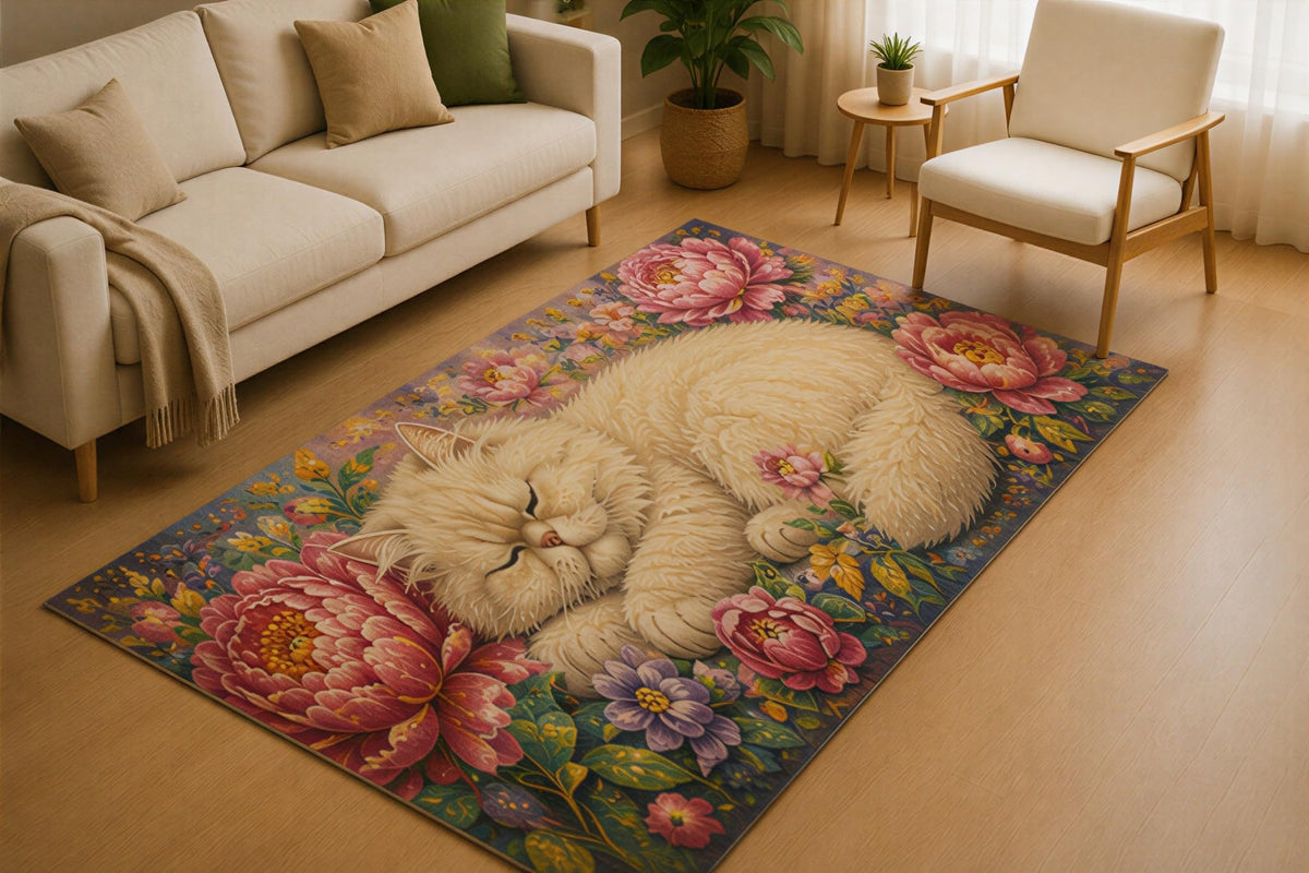 ICE ARMOR 5' x 7' Sleeping Cat Floral Garden Area Rug for Living Room, Soft Low Pile Indoor Rug with Non-Slip Silicone Backing, Botanical Carpet for Bedroom, Nursery, Kids & Pets, Cream Pink
