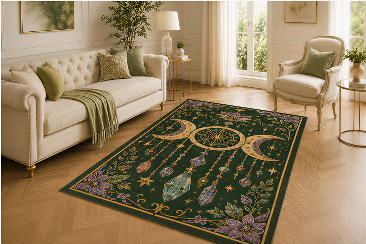 ICE ARMOR 5' x 7' Celestial Crystal Rug, Triple Moon and Hanging Gem Design, Smooth Printed Floor Cover for Study, Foyer, Bedroom and Witchy Home Decor
