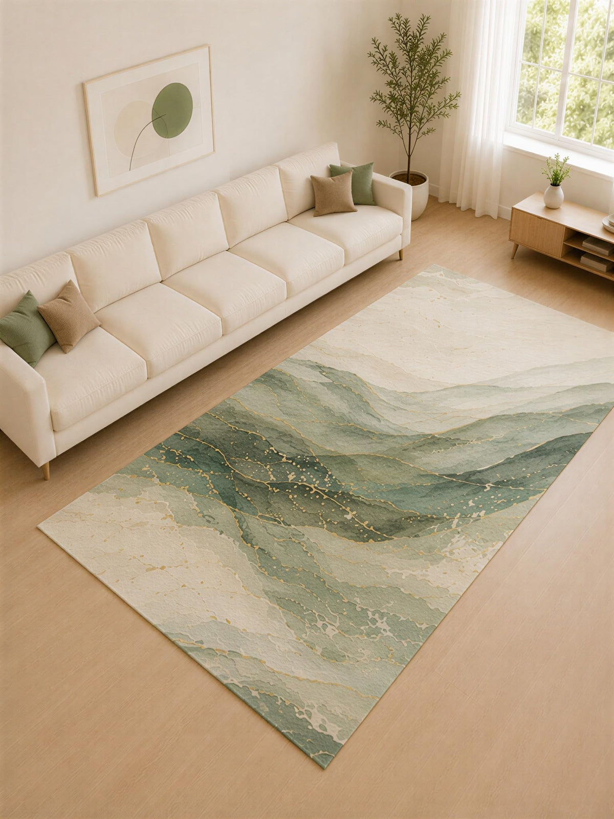 ICE ARMOR Large 6'7" x 9'10" Sage Green and Ivory Mountain Current Area Rug for Living Room, Soft Low Pile Carpet with Non-Slip Silicone Backing, Decor for Bedroom and Home Office