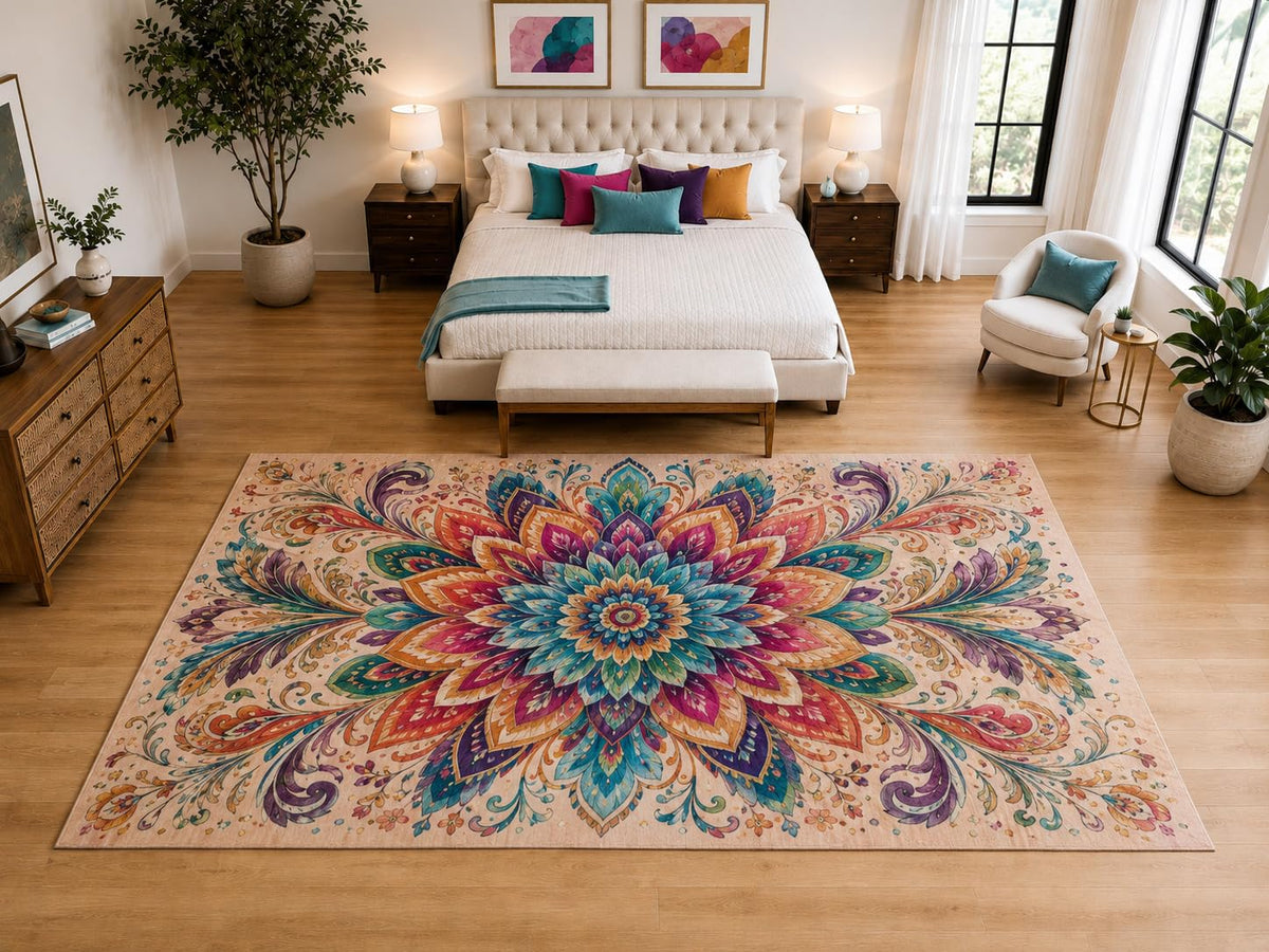ICE ARMOR "Ultra Light Weight Large 6'7" x 9'10" Boho Mandala Flower Rug, Soft Low Pile Indoor Rug, Non-Slip Silicone Backing for Bedroom Beige