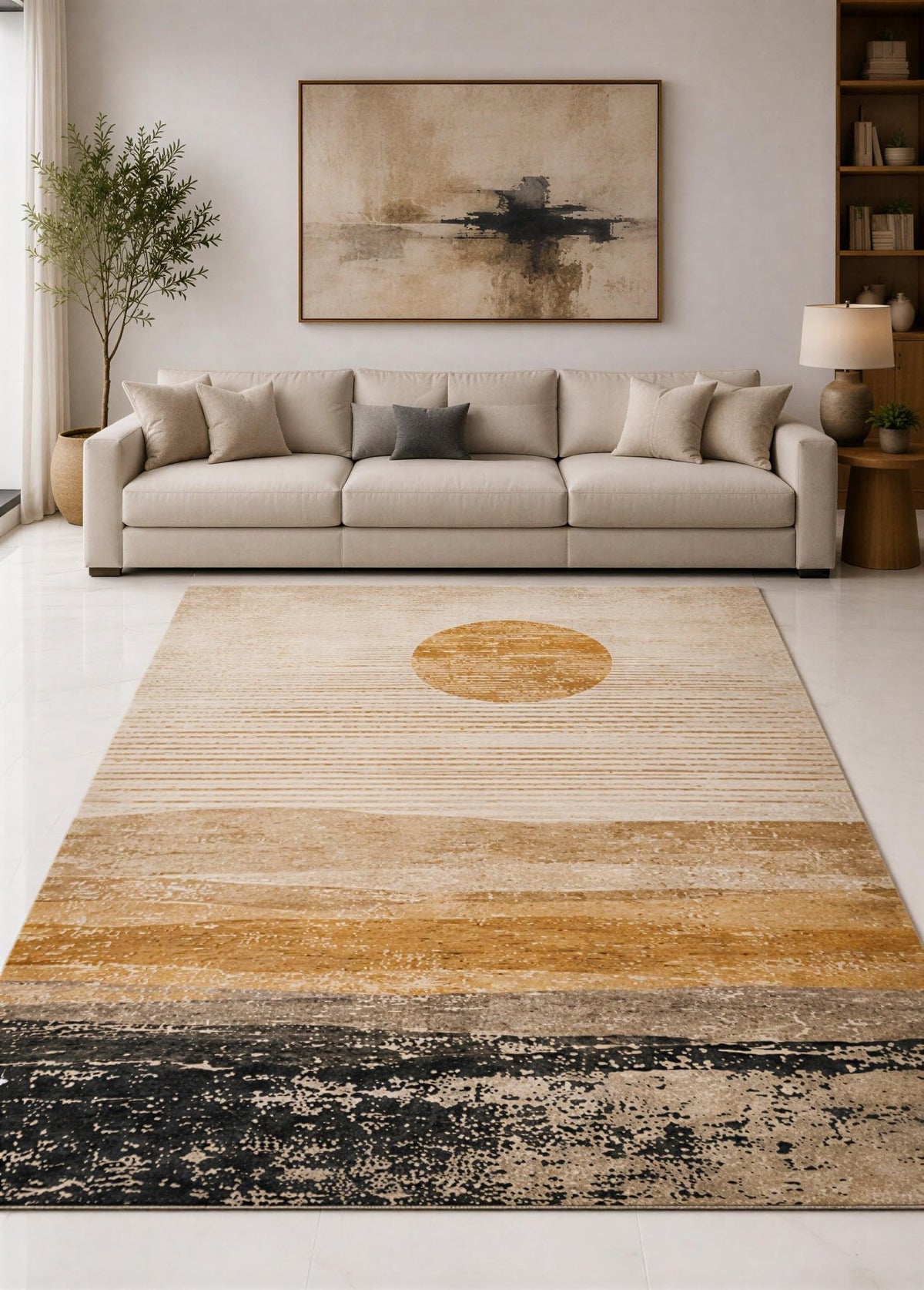ICE ARMOR "Ultra Lightweight Large 6'7" x 9'10" Cream and Mustard Minimal Sunset Stripe Area Rug for Living Room, Bedroom and Home Office, Soft Low Pile Carpet with Non-Slip Silicone Backing