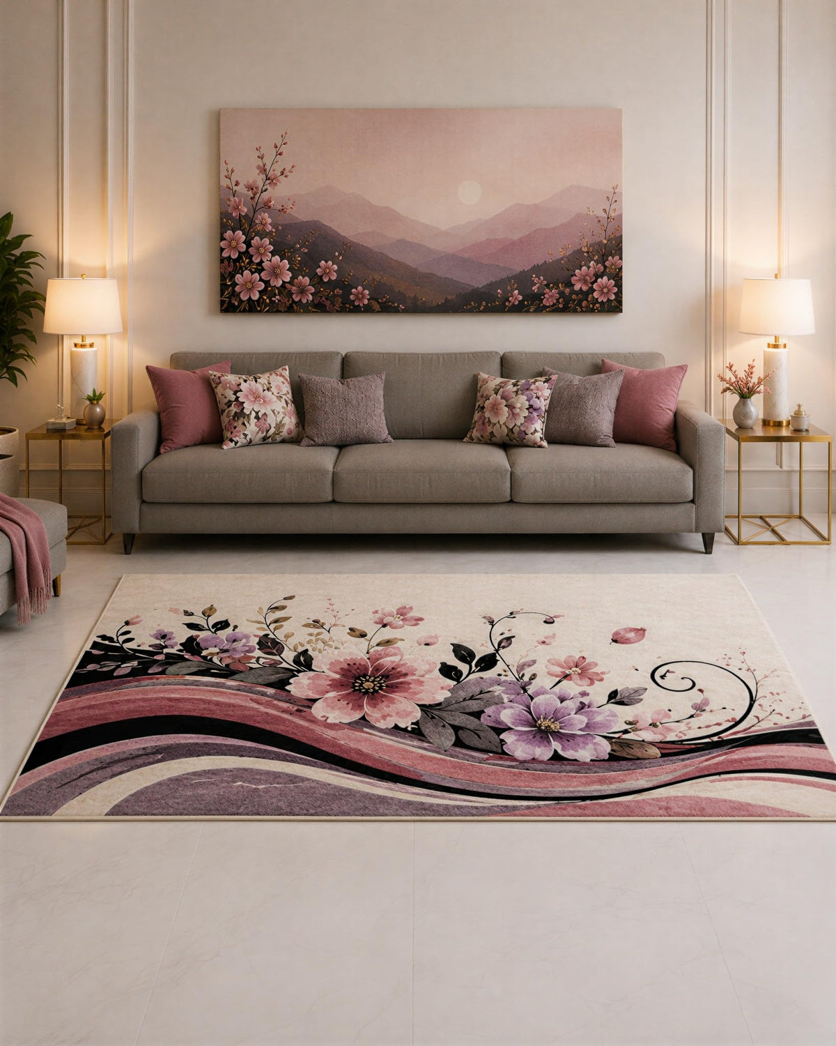 ICE ARMOR "Ultra Lightweight Large 6'7" x 9'10" Pink and Purple Floral Ribbon Wave Area Rug for Living Room, Bedroom and Home Office, Soft Low Pile Carpet with Non-Slip Silicone Backing