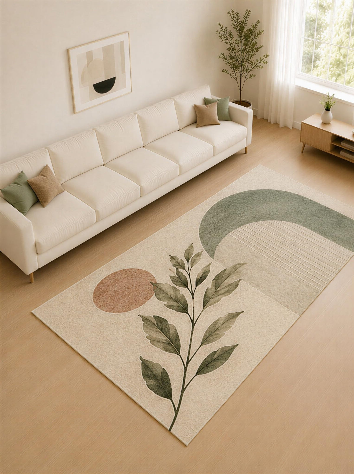 ICE ARMOR Large 6'7" x 9'10" Sage Green and Taupe Minimal Archway Area Rug for Living Room, Soft Low Pile Carpet with Non-Slip Silicone Backing, Decor for Bedroom and Home Office