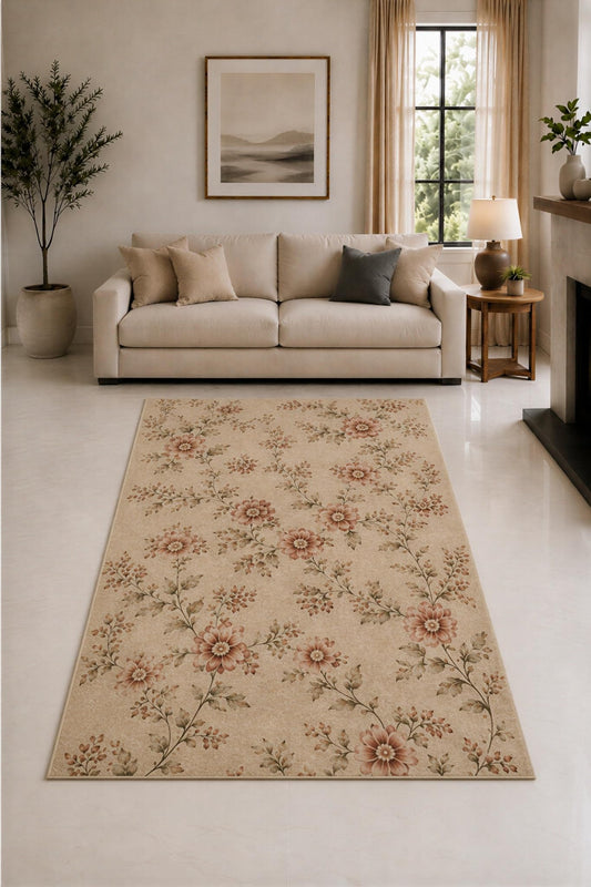 ICE ARMOR "Ultra Lightweight 5' x 7' Cream and Terracotta Meadow Sprigs Area Rug for Living Room, Bedroom and Home Office, Soft Low Pile Carpet with Non-Slip Silicone Backing