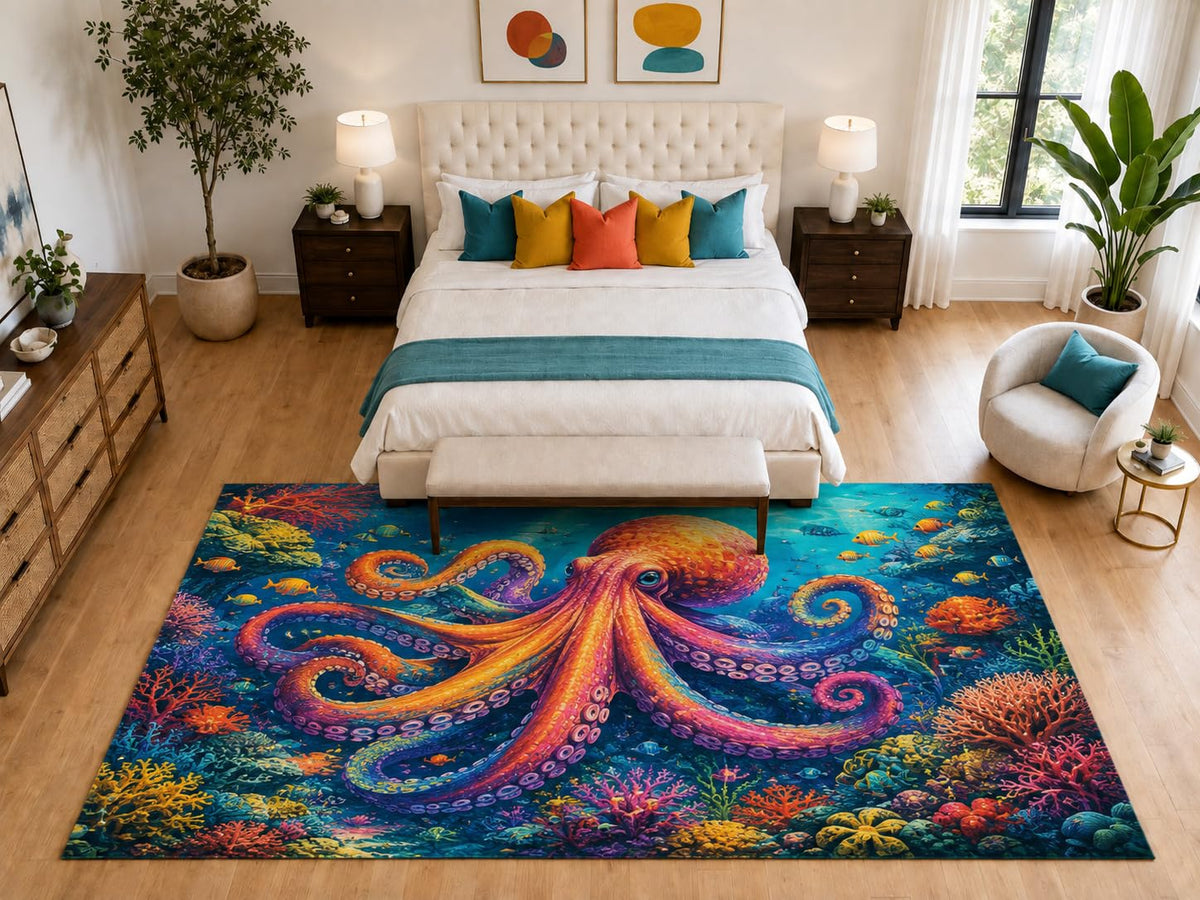 ICE ARMOR "Ultra Light Weight Large 6'7" x 9'10" Octopus Reef Rug Living Room, Soft Low Pile Indoor Rug and Non-Slip Silicone Backing, Teal Blue