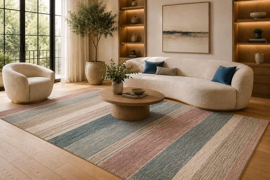 ICE ARMOR 6'7" x 9'10" Pink and Teal Multicolor Stripes Area Rug for Living Room, Soft Low Pile Carpet with Non-Slip Silicone Backing, Floor Decor for Bedroom, Dining Area and Home Office