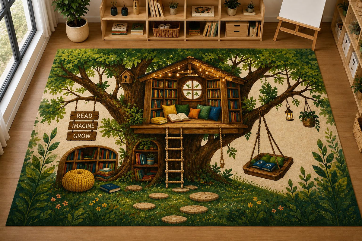 ICE ARMOR Large 6'7" x 9'10" Treehouse Library Area Rug, Soft Low Pile Indoor Rug with Non-Slip Silicone Backing for Kids Room Playroom, Green