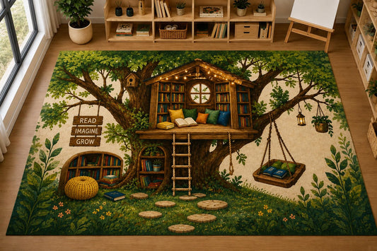 ICE ARMOR Large 6'7" x 9'10" Treehouse Library Area Rug, Soft Low Pile Indoor Rug with Non-Slip Silicone Backing for Kids Room Playroom, Green