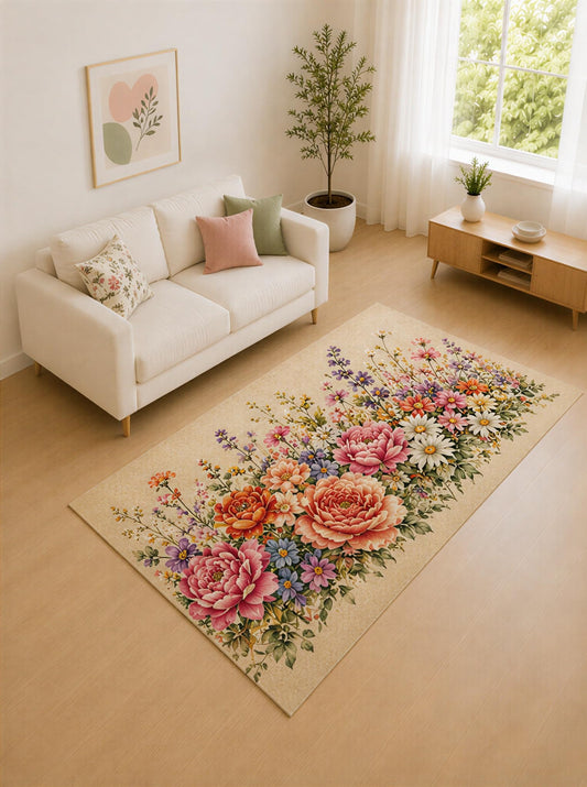 ICE ARMOR "Ultra Lightweight 5' x 7' Pink and Coral Cottage Peony Garden Area Rug for Living Room, Bedroom and Home Office, Soft Low Pile Carpet with Non-Slip Silicone Backing