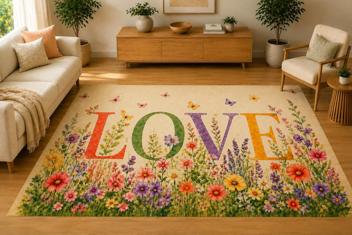 ICE ARMOR 5' x 7' Wildflower Meadow Love Area Rug, Soft Low Pile Indoor Rug with Non-Slip Silicone Backing, Decorative Carpet for Living Room, Bedroom, Office, Beige Pastel