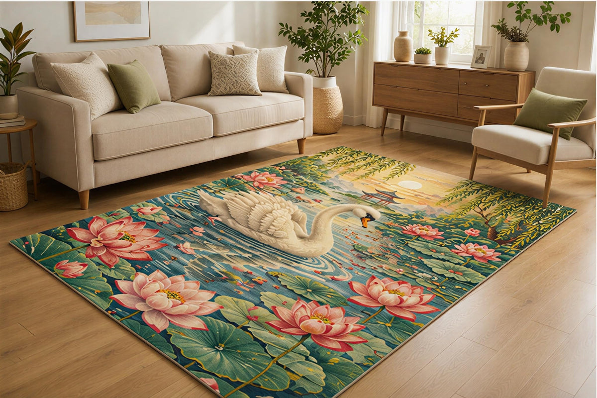 ICE ARMOR 5' x 7' Swan Lotus Pond Area Rug for Living Room, Soft Low Pile Indoor Rug with Non-Slip Silicone Backing, Botanical Carpet for Bedroom, Dining Room, Office, Family Room, Teal Pink Green