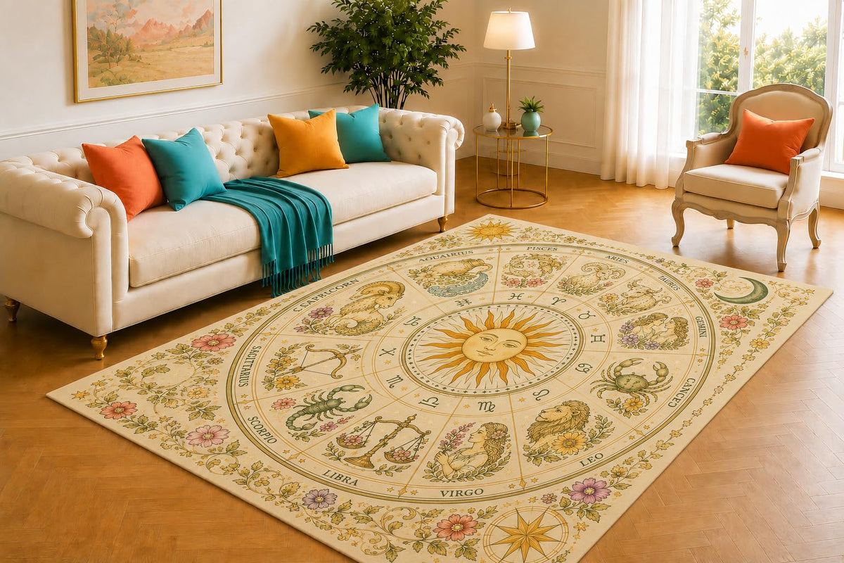 ICE ARMOR 5' x 7' Celestial Zodiac Wheel Area Rug for Living Room, Soft Low Pile Floor Mat with Non-Slip Silicone Backing for Bedroom, Meditation Space, Office, Kids and Pets