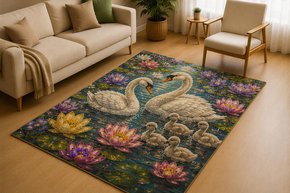 ICE ARMOR 5' x 7' Swan Family Water Lily Pond Area Rug for Living Room, Soft Low Pile Indoor Rug with Non-Slip Silicone Backing, Nature Carpet for Bedroom, Family Room, Blue White