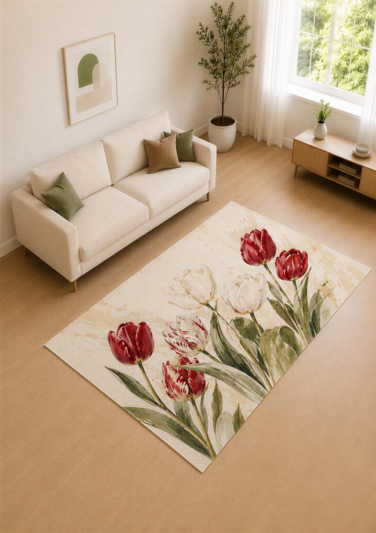 ICE ARMOR 5' x 7' Red Tulip and Ivory Garden Bouquet Area Rug for Living Room, Soft Low Pile Carpet with Non-Slip Silicone Backing, Decor for Bedroom and Home Office