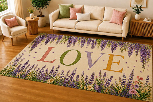 ICE ARMOR 5' x 7' Lavender Wisteria Love Area Rug, Soft Low Pile Indoor Rug with Non-Slip Silicone Backing, Decorative Carpet for Living Room, Bedroom, Dining Room, Lavender