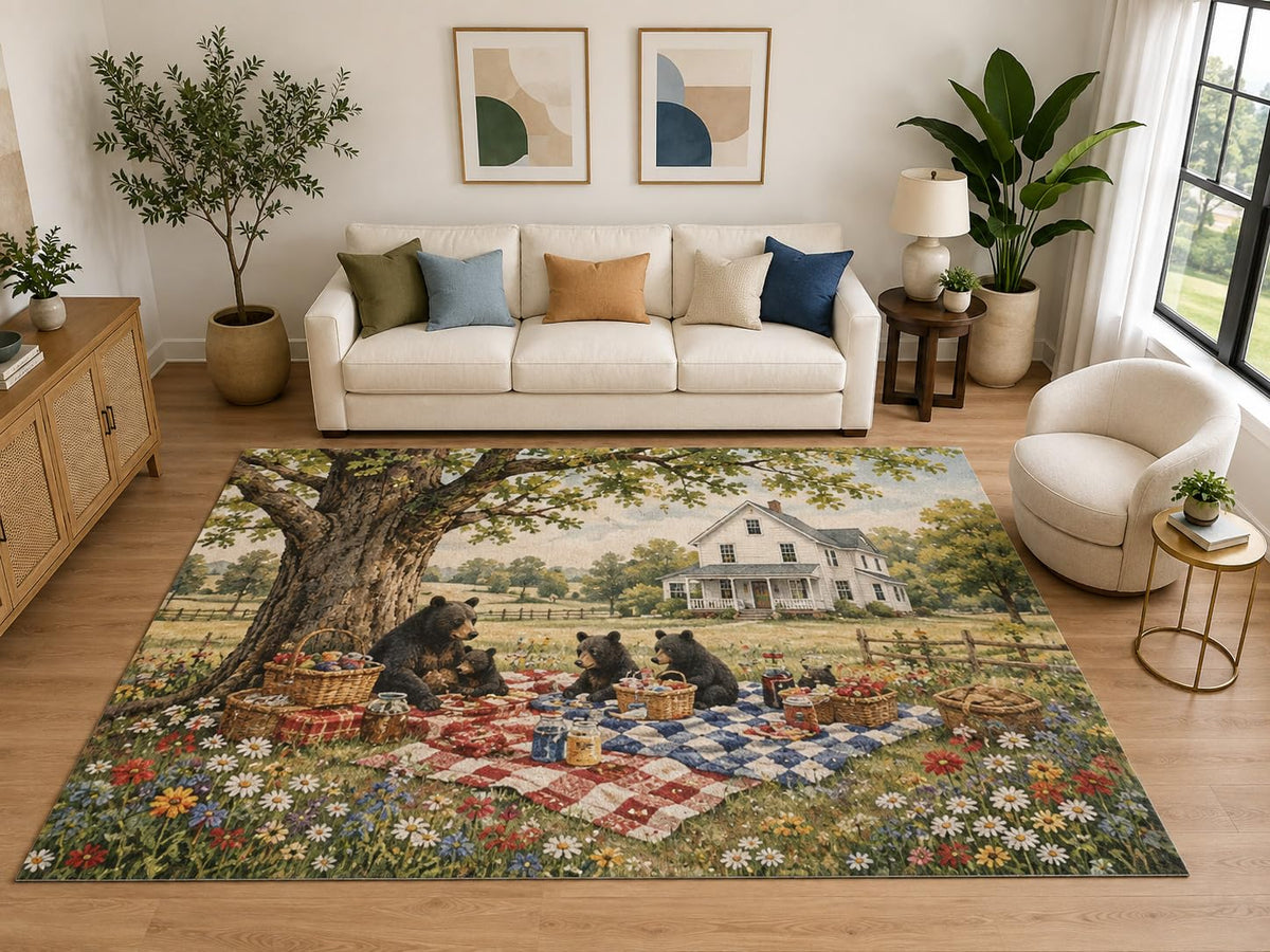 ICE ARMOR "Ultra Light Weight Large 6'7" x 9'10" Bear Family Picnic Area Rug, Soft Low Pile Indoor Rug, Non-Slip Silicone Backing, Playroom, Beige