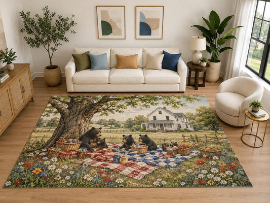 ICE ARMOR "Ultra Light Weight Large 6'7" x 9'10" Bear Family Picnic Area Rug, Soft Low Pile Indoor Rug, Non-Slip Silicone Backing, Playroom, Beige