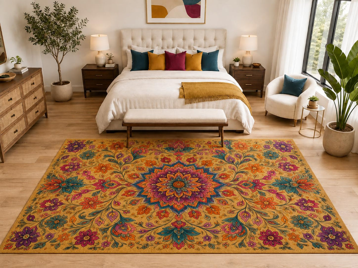 ICE ARMOR "Ultra Light Weight Large 6'7" x 9'10" Boho Floral Mandala Rug, Soft Low Pile Indoor Rug, Non-Slip Silicone Backing for Bedroom Mustard