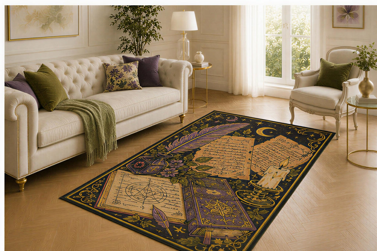 ICE ARMOR 5' x 7' Spellbook Quill Rug, Candle Manuscript and Arcane Symbol Design, Smooth Printed Floor Cover for Study, Library, Bedroom and Witchy Decor