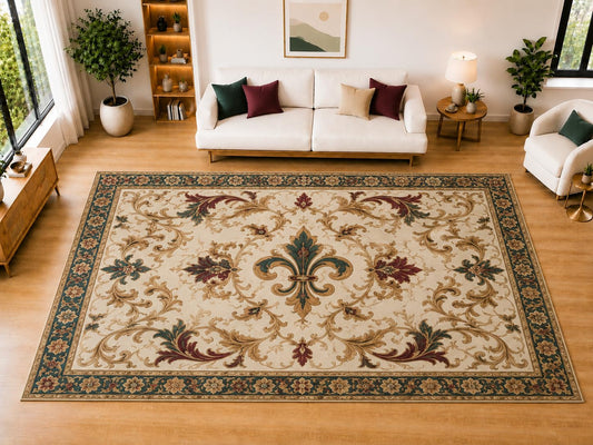 ICE ARMOR "Ultra Light Weight Large 6'7" x 9'10" Fleur-de-Lis Scroll Area Rug for Living Room, Bedroom, Dining Room, Soft Low Pile Non-Slip Backing, Ivory Green Burgundy