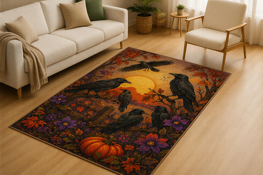 ICE ARMOR 5' x 7' Raven Moon Halloween Area Rug for Living Room, Soft Low Pile Indoor Rug with Non-Slip Silicone Backing, Gothic Autumn Carpet for Bedroom, Office, Family Room, Brown Purple