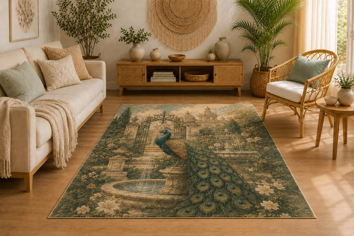 ICE ARMOR 5' x 7' Royal Peacock Garden Area Rug, Palace Fountain Artwork, Soft Low Pile Rug with Non-Slip Silicone Backing for Living Room, Bedroom, Dining Room