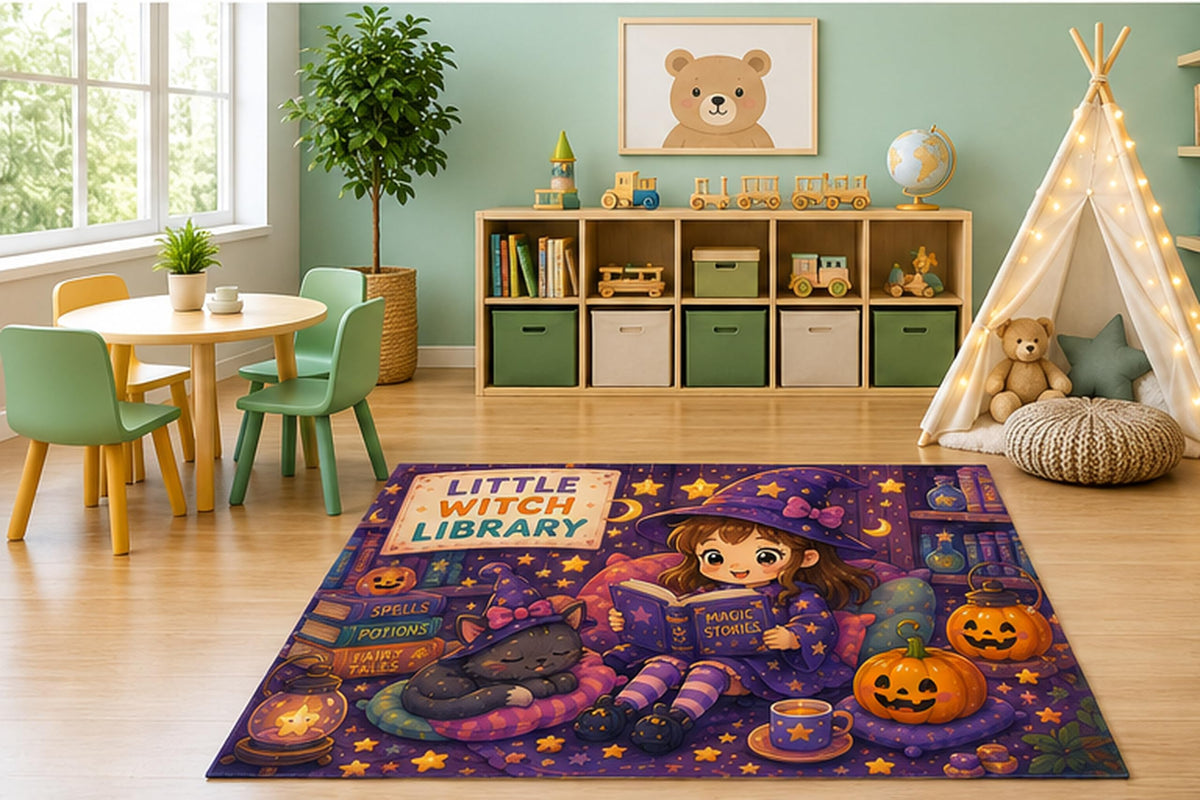 ICE ARMOR 5' x 7' Little Witch Library Kids Area Rug, Cute Witch Girl Black Cat Magic Books Halloween Cartoon Playroom Nursery Bedroom Decor, Non-Slip Silicone Backing Low Pile