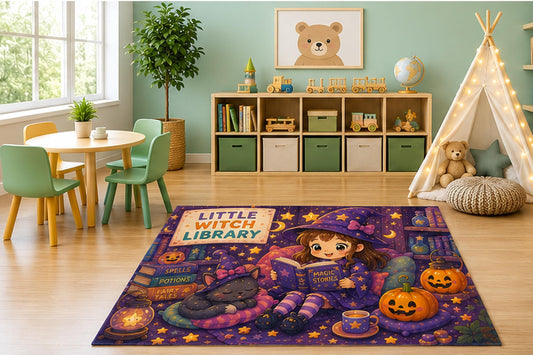 ICE ARMOR 5' x 7' Little Witch Library Kids Area Rug, Cute Witch Girl Black Cat Magic Books Halloween Cartoon Playroom Nursery Bedroom Decor, Non-Slip Silicone Backing Low Pile
