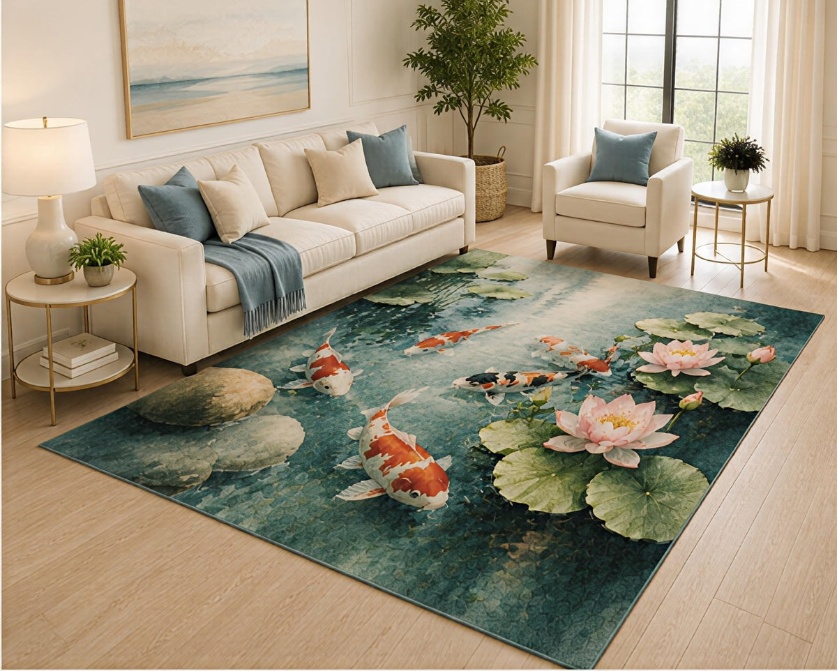 ICE ARMOR 5' x 7' Koi Fish Pond Area Rug, Japanese Lotus Water Garden Nature Design for Living Room Bedroom Office, Non-Slip Silicone Backing, Low Pile Carpet