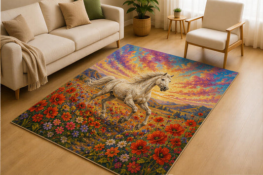 ICE ARMOR 5' x 7' White Horse Wildflower Meadow Area Rug for Living Room, Soft Low Pile Indoor Rug with Non-Slip Silicone Backing, Carpet for Bedroom, Family Room, Blue Multicolor