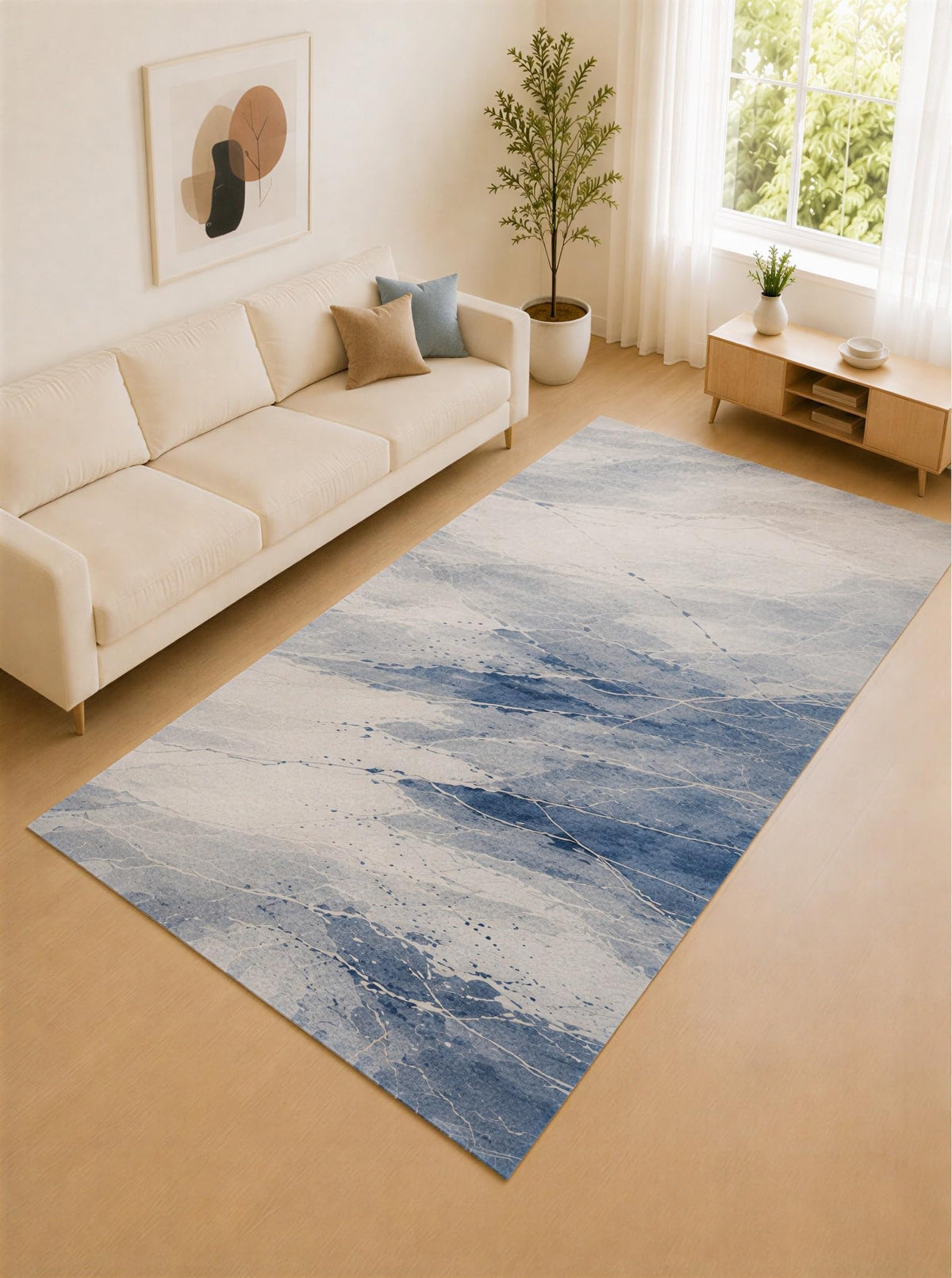 ICE ARMOR Large 6'7" x 9'10" Ice Blue and Ivory Glacier Marble Area Rug for Living Room, Soft Low Pile Carpet with Non-Slip Silicone Backing, Decor for Bedroom and Home Office