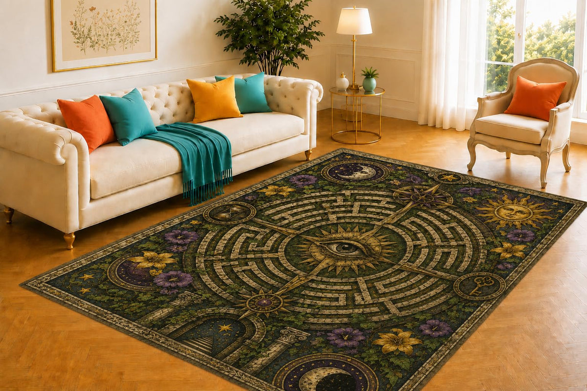 ICE ARMOR 5' x 7' Mystic Labyrinth Rug, All-Seeing Eye and Celestial Compass Pattern, Smooth Printed Floor Cover for Office, Foyer, Bedroom and Esoteric Decor