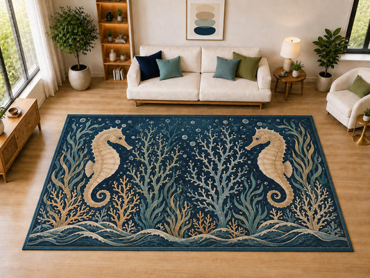 ICE ARMOR "Ultra Light Weight Large 6'7" x 9'10" Seahorse Coral Seaweed Area Rug for Dining, Living Room, Bedroom, Soft Low Pile Indoor Rug with Non-Slip Silicone Backing, Navy Beige