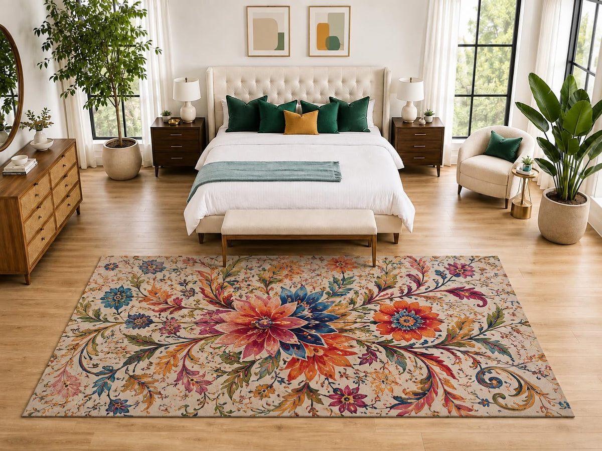 ICE ARMOR "Ultra Light Weight Large 6'7" x 9'10" Pastel Floral Scroll Rug, Soft Low Pile Indoor Rug, Non-Slip Silicone Backing for Bedroom Beige