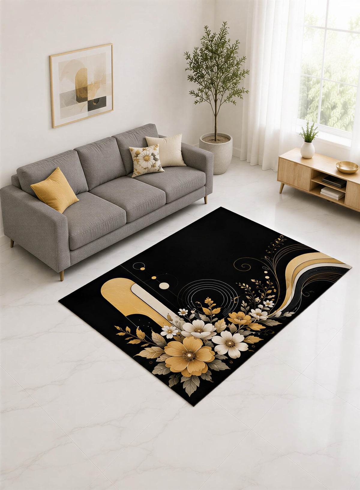 ICE ARMOR "Ultra Lightweight 5' x 7' Mustard and Black Elegant Blossom Wave Area Rug for Living Room, Bedroom and Home Office, Soft Low Pile Carpet with Non-Slip Silicone Backing